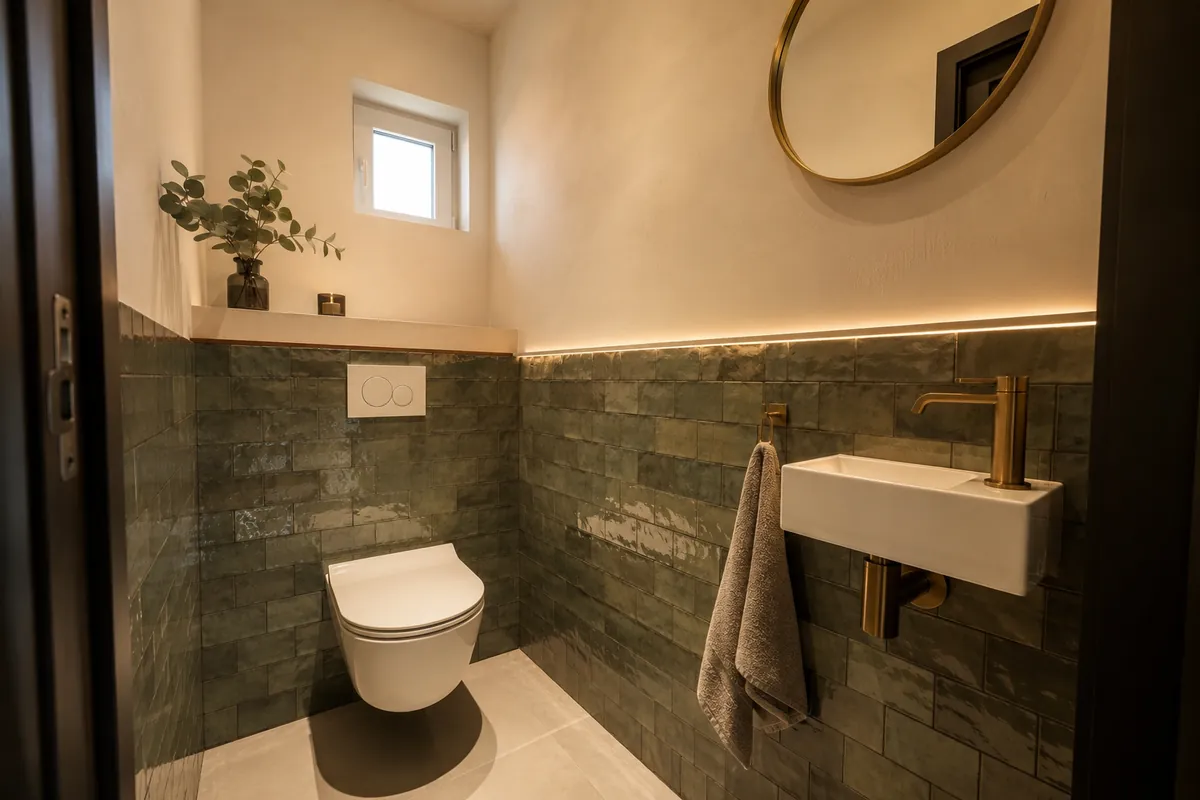 Toilet met groene geglazuurde tegels en messing kraan, Leiden